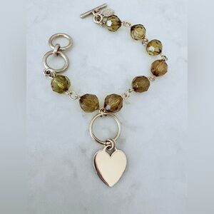 Vintage Cookie Lee Gold-tone and Green Beaded Gold Heart Charm Toggle Bracelet